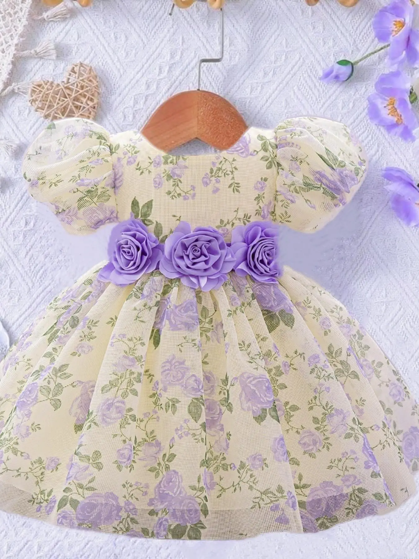 Baby Girl's Floral Print Bow Back A Line Dress, Cute Puff Sleeve Round Neck Bow Back Dress for Party Wedding Guest, Newborn Infant Kids Clothes for Al
