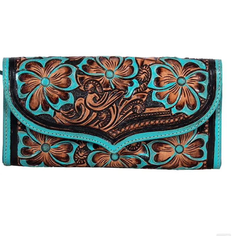 MYRA FLOWER CREST RIDGE WALLET WITH TOOLED LEATHER AND TURQUOISE DETAIL