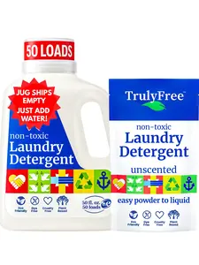 Truly Free Laundry Detergent - Unscented, Non-Toxic, Sensitive Skin & Baby Safe - Easy Powder to Liquid Eco Starter Kit: Includes Empty Jug + 1 Concentrate Pouch (Just Add Water) - 50 Loads
