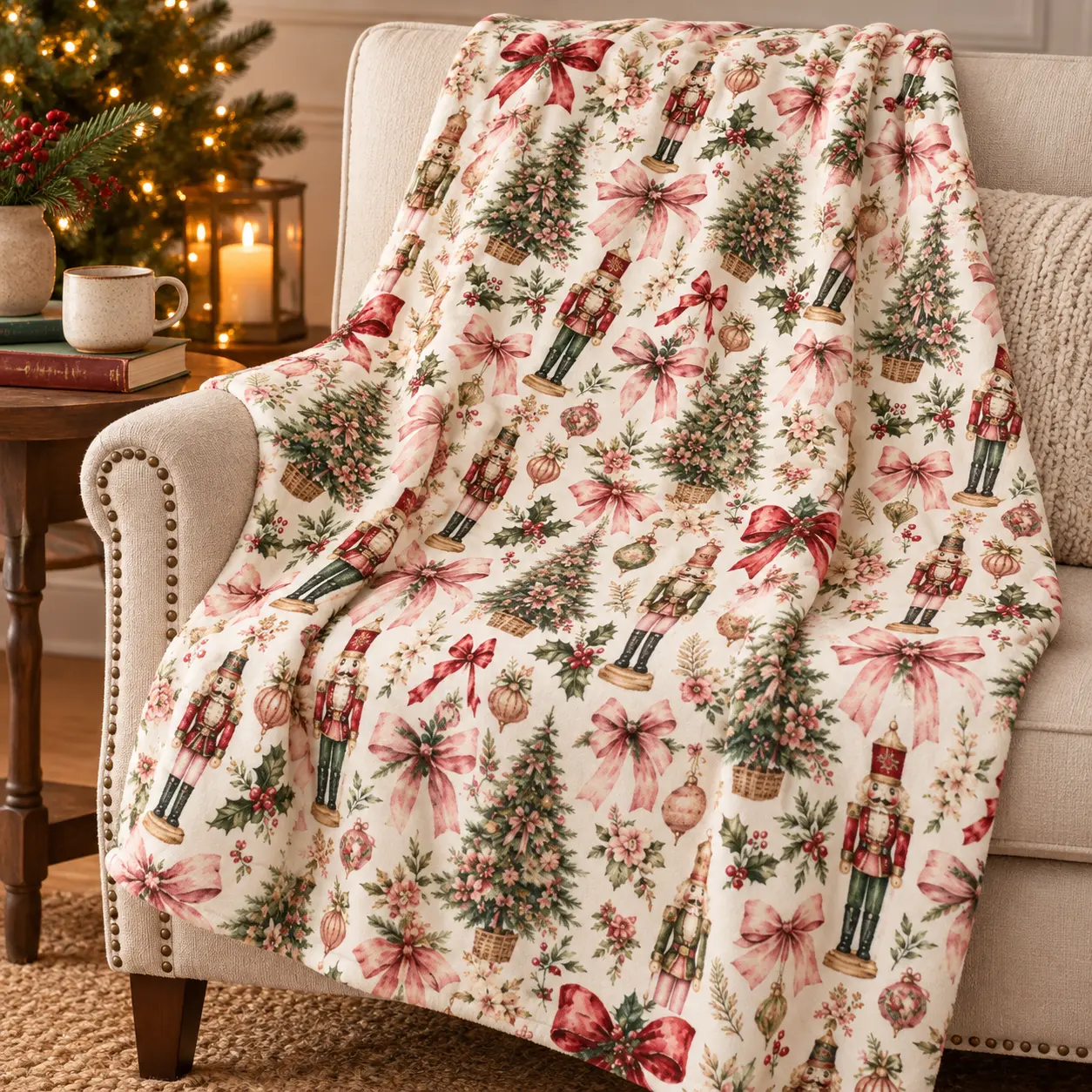 Coquette Nutcracker Christmas Blanket, Pink Vintage Toile Fleece Throw, Soft Cozy Plush Blanket for Bed & Couch, Holiday Bedroom Decor, Christmas Gift for Her