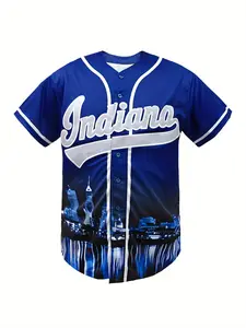 Men's Indiana Jersey Button Down Short Sleeve Hipster Hip Hop Baseball Jersey, Comfortable Breathable V-Neck Tee, All Season Loose-Fit Design