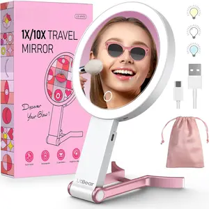 h-9  Travel Makeup Mirror with Lights, Rechargeable Double-Sided 10X/1X Magnifying Mirror, Portable Lighted Beauty Mirror, 3 Color Lighting, Dimmable Touch Screen, Tabletop Handhold Hanging (White)