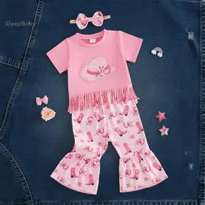 Toddler 3Pcs Clothing Set Baby Girls Western Outfit Cute Cowgirl Hat Printed Short Sleeve Tassel Tops with Bell Bottom, Hat Organic Cotton Short Sleeve Bodysuit Set