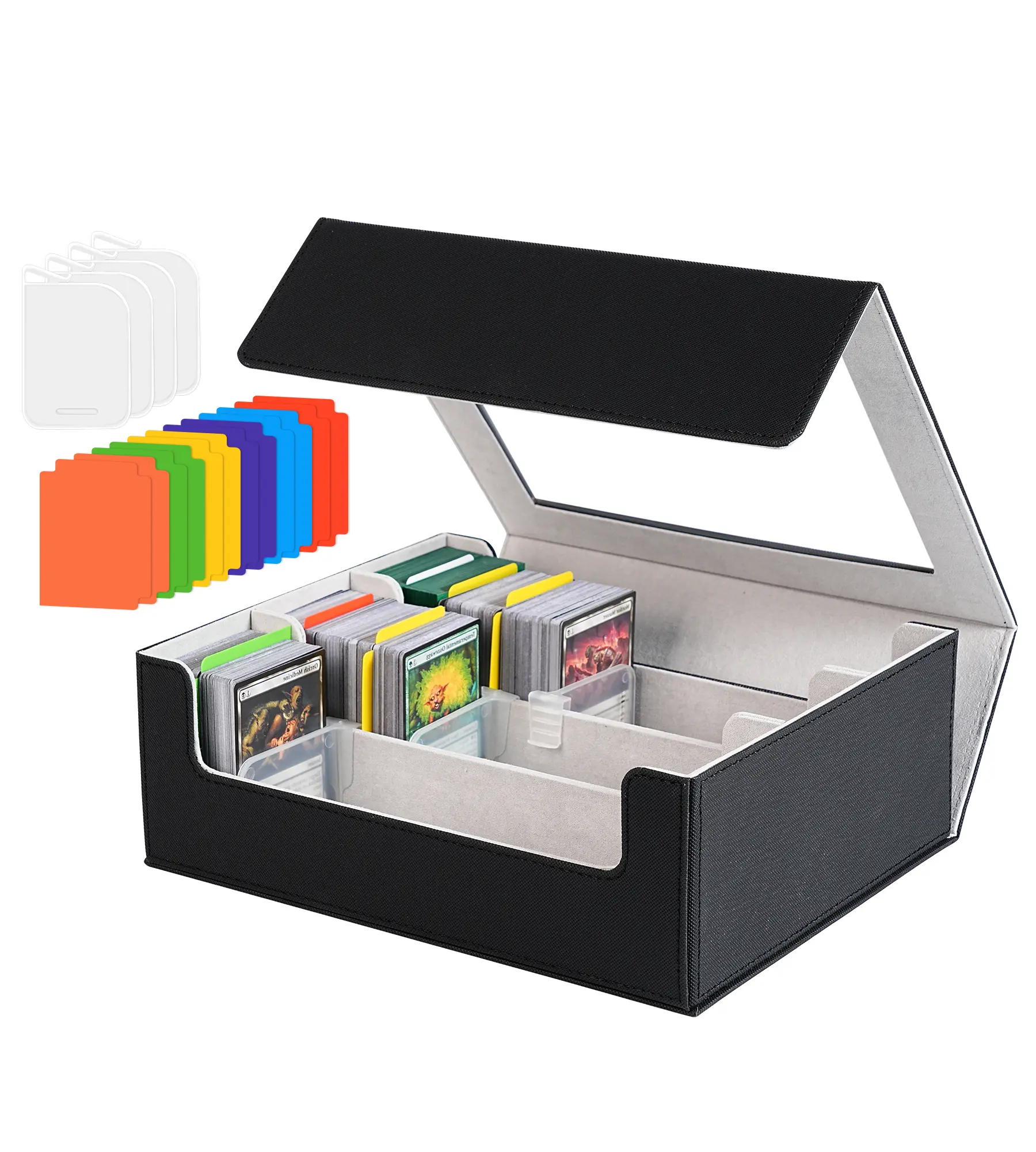 Trading Card Storage Box - 2400+ Card Deck Case for Magic the Gathering PKM YuGiOh Sports Cards, Leather MTG PTCG Commander Deck with 12 PVC Dividers 4 Supporters, Black and Gray