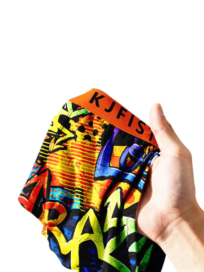 KJFISTMU 12-piece Set of Colorful Belts Men's Boxer Briefs - Unique design, randomly printed long boxer briefs for men (breathable polyester blend, soft and comfortable, machine washable, suitable for teenagers and adults) Men's Stretch Low-Rise Underwear