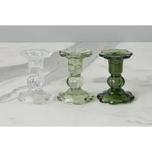 Glass Scalloped Candlesticks, Green, Set of 3