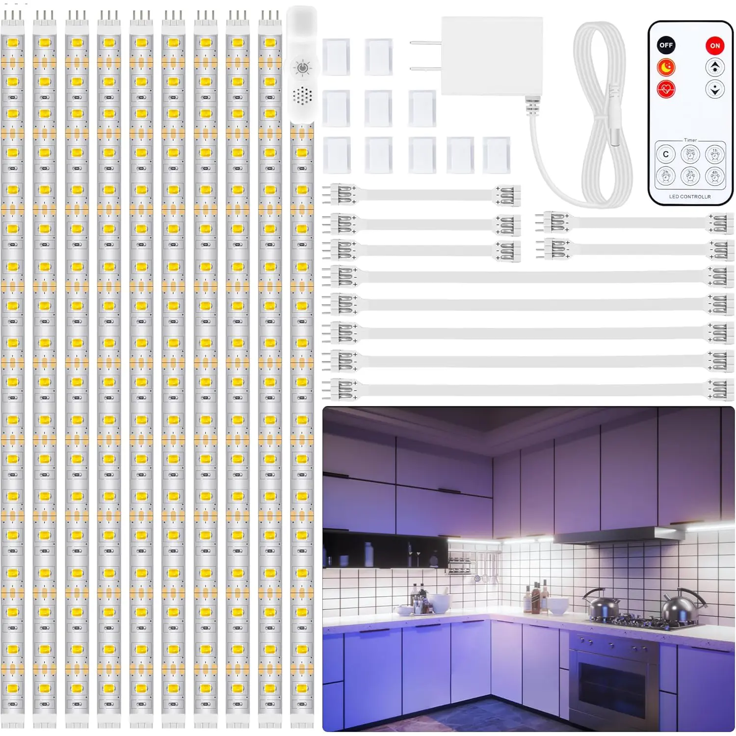 10 PCS Under Cabinet Lights Kit, Stick on Lights, Flexible Led Strip Lights with Remote and Power Adapter,for Kitchen Cabinets Shelf Desk Counter Corner, 6000K Daylight White, 16.4ft