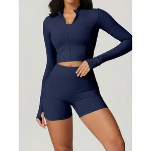 2Piece Set Women's Solid Thumb Hole Zip Up Crop Jacket &High Waist Biker Shorts Tracksuit Set, Streetwear Tracksuit