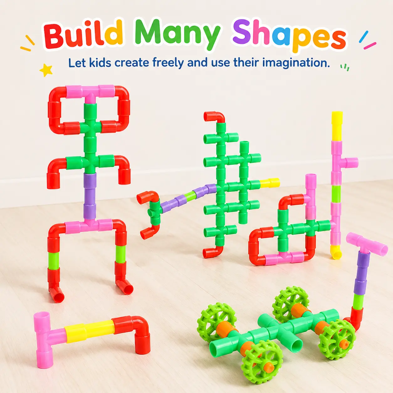 50 PCS Pipe Building Blocks for Kids, Colorful Construction Tubes Toy Set with Straight Pipes, Elbow Pipes, Cross and T Connectors, Wheels and Axle Pieces, Easy-Connect Creative STEM Building Toy for Boys Girls