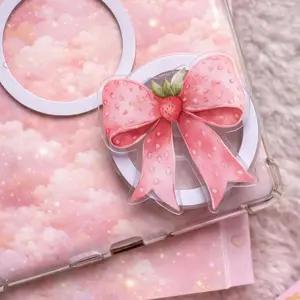 Strawberry Bow MagSafe Phone Grip: Kawaii Pink Ribbon Magnetic Phone Holder, Cute Coquette Aesthetic Gift For Her, Phone or Kindle Holder