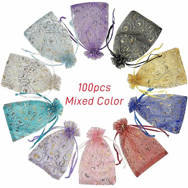 100pcs Premium Sheer Organza Bags, 3.94 X 5.91 Inch Mixed Color Organza Bags, Jewelry Pouches, Goodie Bags, Drawstring Mesh Gift Bag for Wedding, Party, Jewelry, Halloween, Christmas, Festival, Bathroom Soaps, Makeup Organza Bags, Wrapping Supplie
