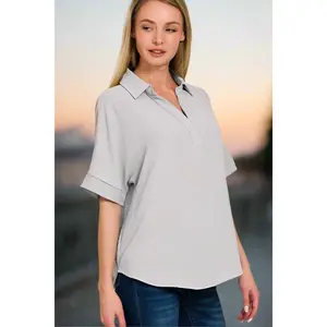 Zenana Woven Airflow Collared V-Neck Short Sleeve Top