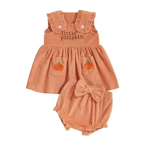 My First Halloween Outfit Baby Girl Sleeveless Little Pumpkin Corduroy Tank Dress Tops Ruffle Bows Shorts 2Pcs Set