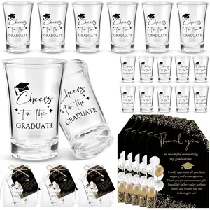 25 sets of graduation party favors for guests — “Cheers to the Graduate” acrylic shot glasses with thank-you cards and organza bags; graduation gifts for teachers, classmates, and family (black color).