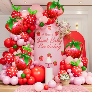Strawberry Balloon Arch Kit - 128pcs Red Pink and Light Pink Balloons with Strawberry Foil Balloons for Berry First Birthday Decor Sweet BabyShower Themed Party Decorations ﻿