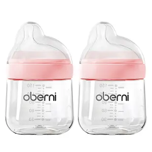 Bottles with Slow Off-Centered Nipple for 0+ Months, Anti Colic Newborn Milk Feeding Bottle, 150ml/5oz/Pink/2Pack