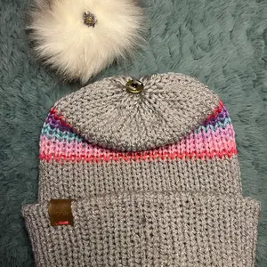 Reversible handmade winter cap with a detachable XL fluffy pom Winter