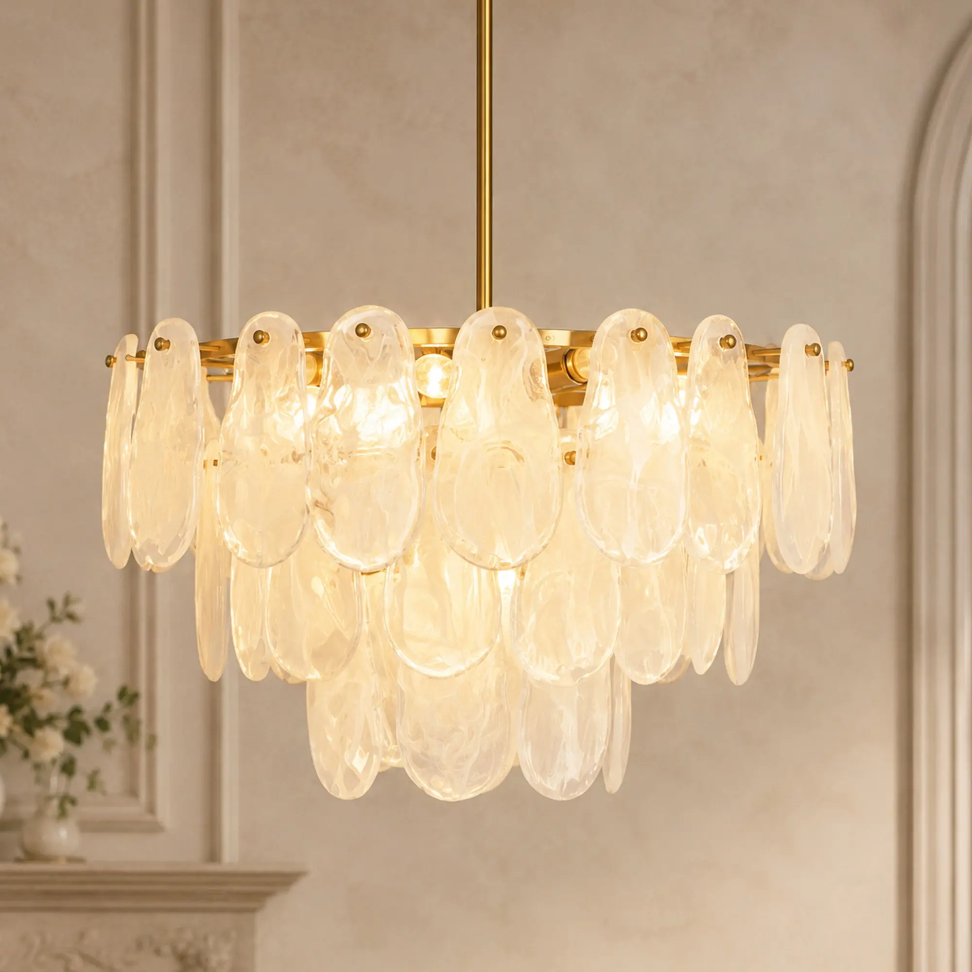 Modern Luxury 3-Tier Cloud-Textured Glass Chandelier, Gold Metal Frame 8-Light E14 Warm Light Ceiling Pendant, Adjustable Hanging Rod for Dining Room, Living Room