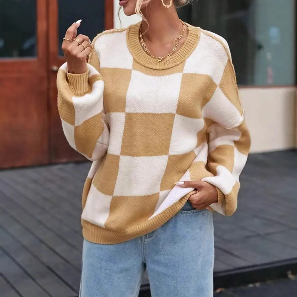 Plush Plaid Drop-Shoulder Sweater New Autumn Clothing for Women Knitted Sweater with Checkered Pattern Round Neck Loose Sweater