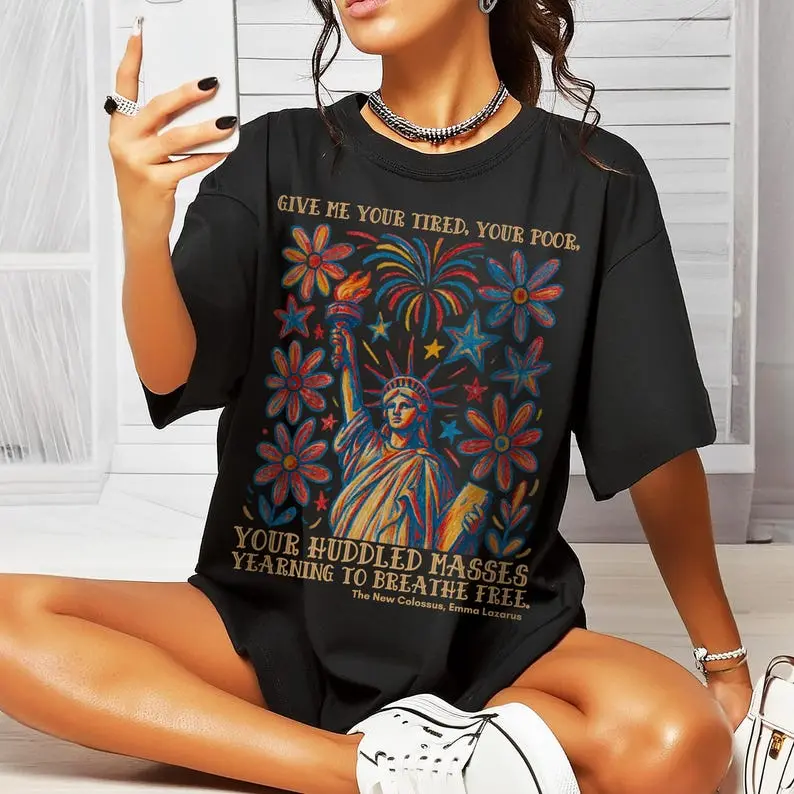 Women's Statue of Liberty T-Shirt, Soft Garment-Dyed Cotton Vintage Style Top - Relaxed Fit Casual Protest Tee for 4th of July, Tops, Vibe, Day