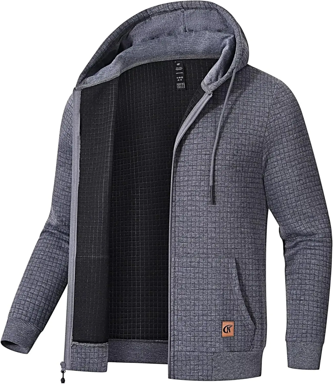 YUYANGDPB Men's Jacquard Waffle Knit Zip Up Hoodie, Lightweight Full Zip Sweatshirt Jacket, Casual Long Sleeve Hooded Coat for Men Spring Fall