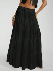 Linen Blend Tiered Maxi Skirt Women Elastic High Waist Drawstring Flowy Long Skirts Summer Beach Vacation Resort Wear Boho Casual Pleated