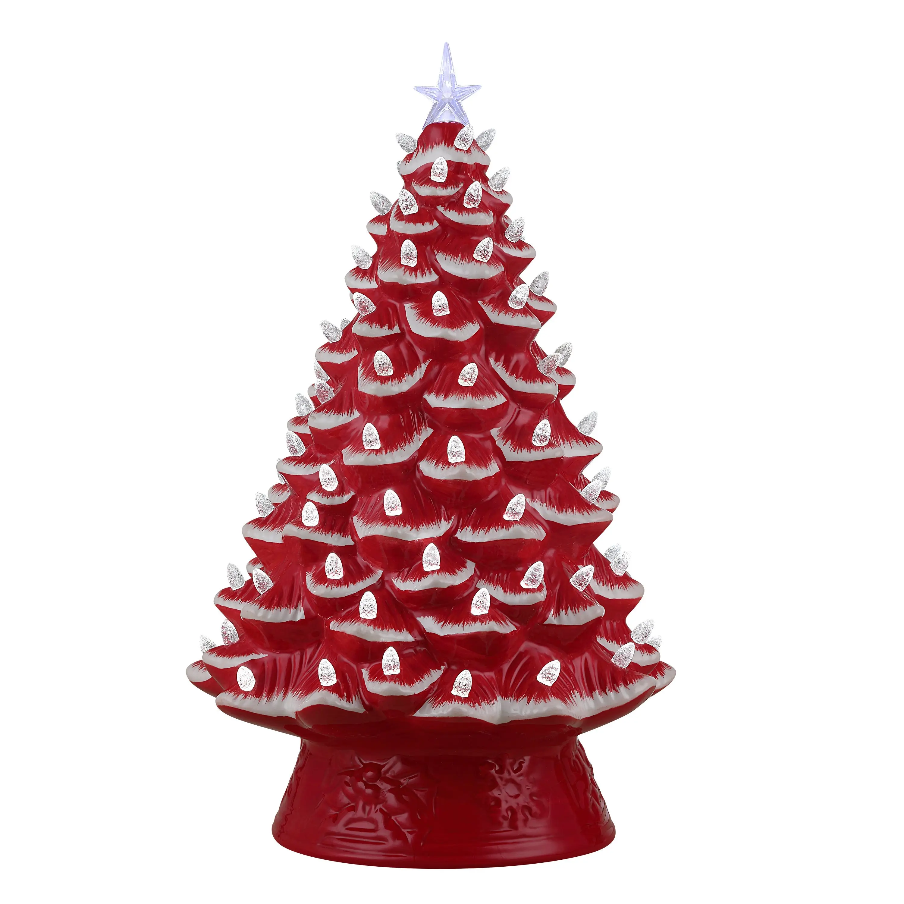 18 in. Glossy Nostalgic Ceramic Christmas Tree, White LED Star Lights, Festive Decor Ornaments, 10" Deep, Ac Adapter Included, Ideal Holiday Home Room Decoration Gift - Red