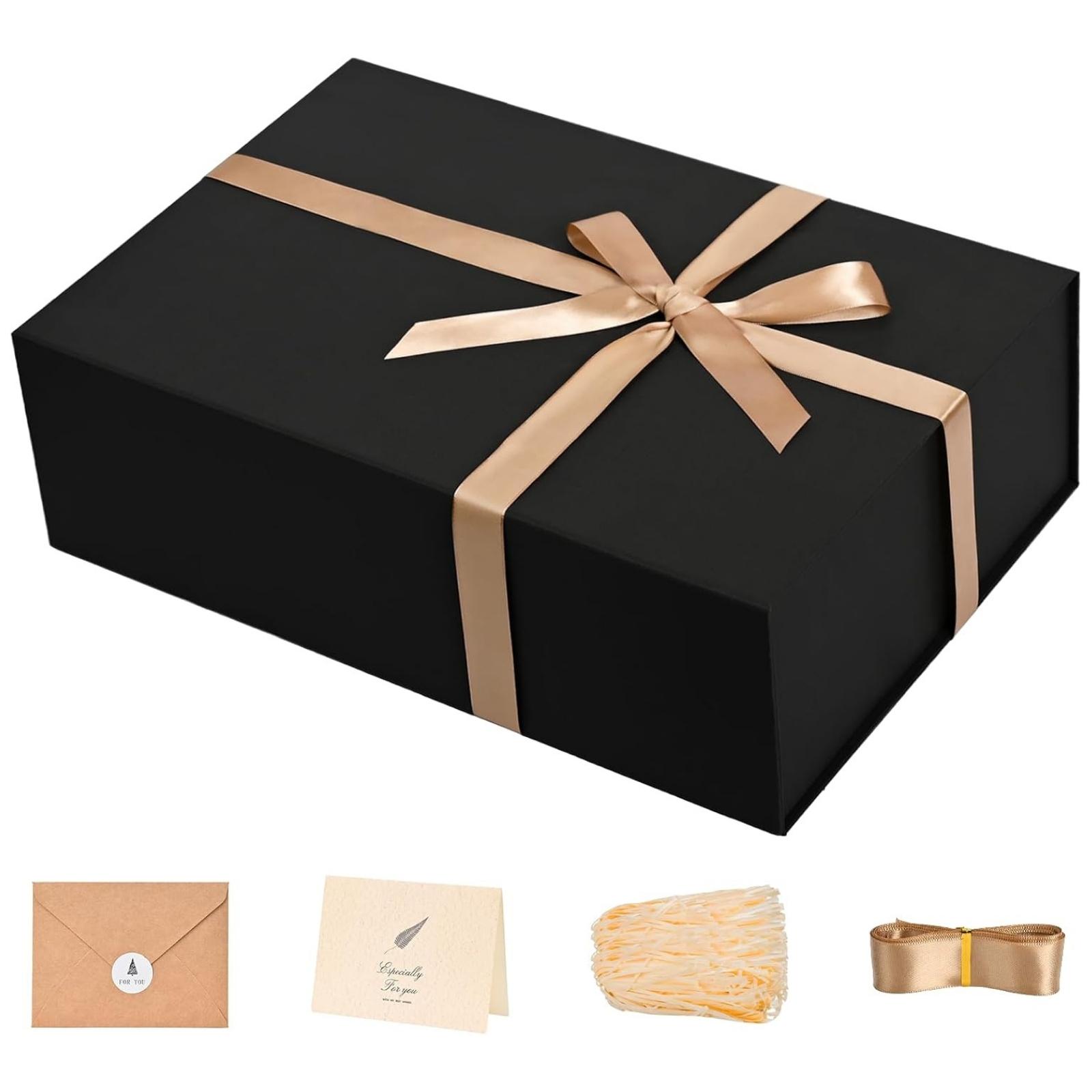 Large Gift Box 13.5" x 10" x 4" with Magnetic Lid, Black Gift Box with Ribbon, Greeting Card & Shredded Filler for Birthday, Christmas, Wedding, Anniversary & Gift Packaging