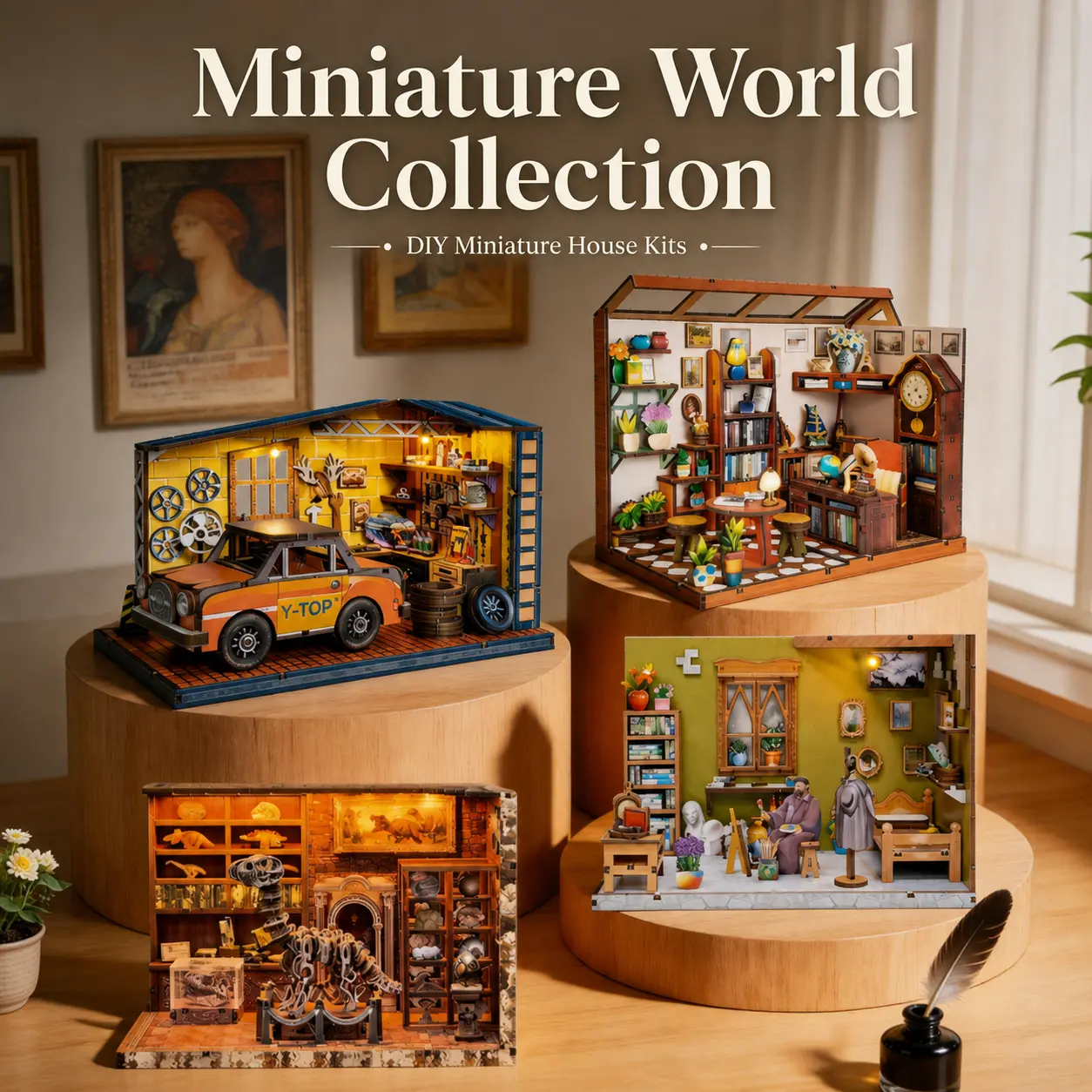 DIY Miniature House Kit with LED Light, 3D Wooden Puzzle Model Building Kit, Dinosaur Museum & Auto Workshop Styles, Desktop Display Craft for Adults & Teens