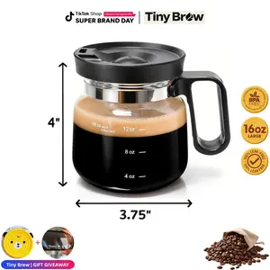 Tiny Brew Itty Bitty Glass Coffee Pot Shape Mug with Lid 16oz – Cute Coffee Pot Mug, Novelty Coffee Lover Gift, Small Spill-Proof Carafe Style Coffee Mug for Office & Travel, 4” Tall x 3.75” Wide Reusable Drinkware