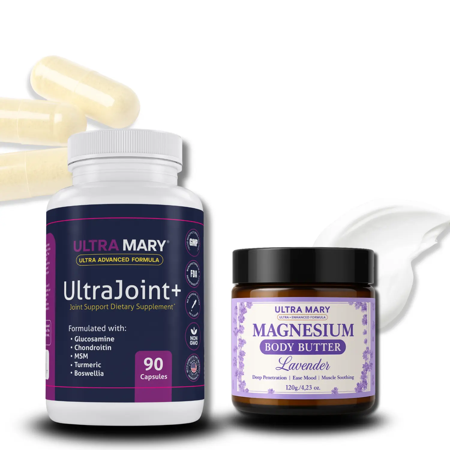 VIRAL Joint Support UltraMary+ (90 Capsules) + Magnesium Body Butter (4.23 oz) – Glucosamine 1500mg, Chondroitin, MSM, Turmeric & Boswellia – Muscle & Joint Relief Combo – Vegan, Lavender Scent – Articulaciones & Músculos