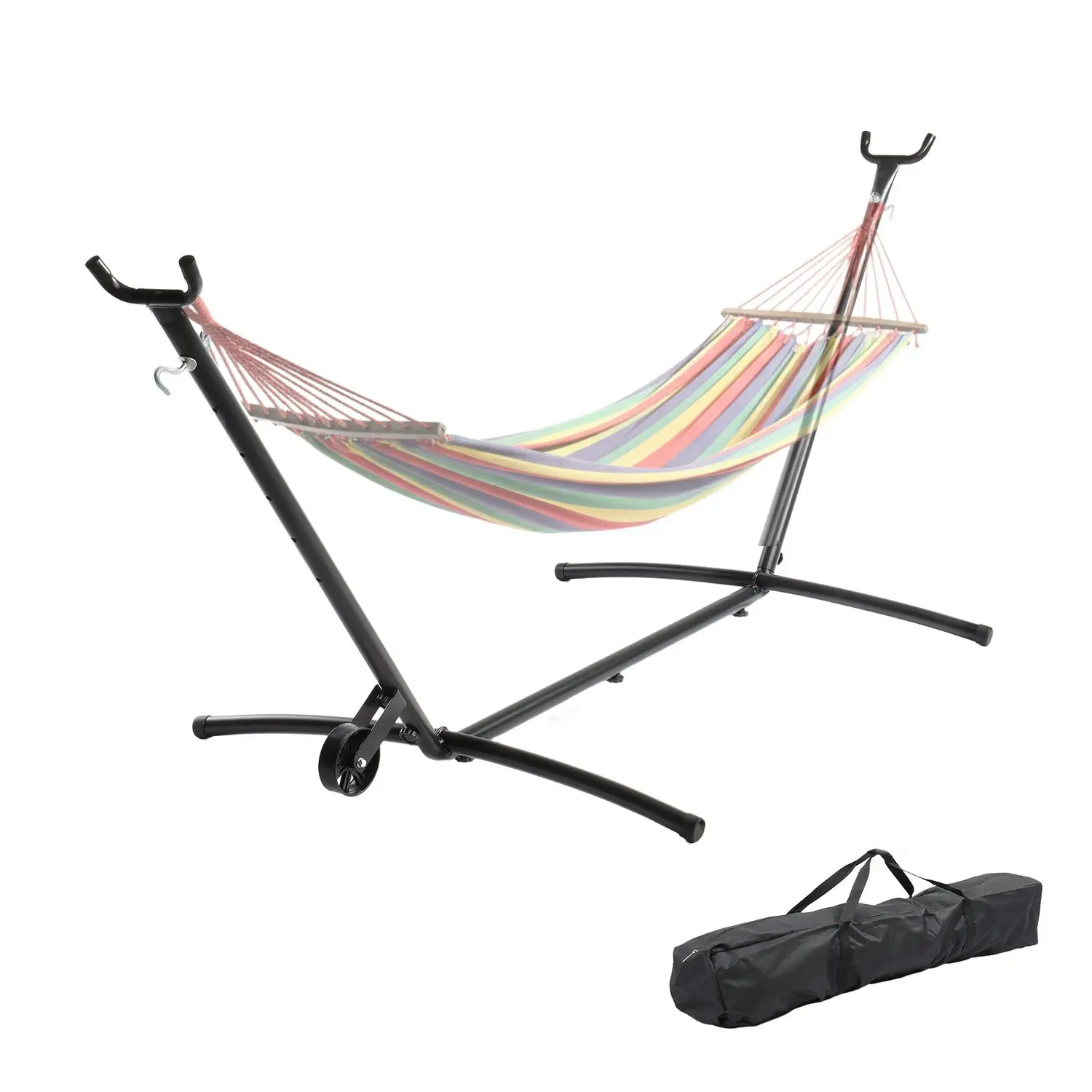 9ft Heavy-Duty Iron Hammock Stand - Foldable with Spreader Bar, Flat Interlocked Poles, Built-in Wheels, 440 lbs Weight Capacity, 22.5 lbs Carrying Case, Portable Black Rope Stand for Garden, Indoor/Outdoor Yard
