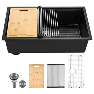 【Summervibes】VEVOR 30 inch Kitchen Sink Workstation, Undermount Granite Sink, Drop-In Single Bowl Farmhouse Basin with Multiple Accessories, Household Dishwasher Sinks for RV, Prep Kitchen, and Bar (Black)
