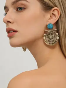 Vintage Turkish Turquoise Gold Coin Hoop Earrings, 18k Gold Plated, Retro Style, Striped Pattern, Titanium Alloy, All Seasons Accessory, Hoop Shape Earrings