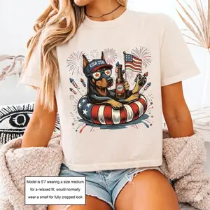 Comfort Colors Boxy Tee Patriotic Doberman Dog Graphic Tee Cropped Shirt Womens USA Flag Dog T-Shirt 4th of July Shirt Dog Lover Gift Vintage Cute Tee