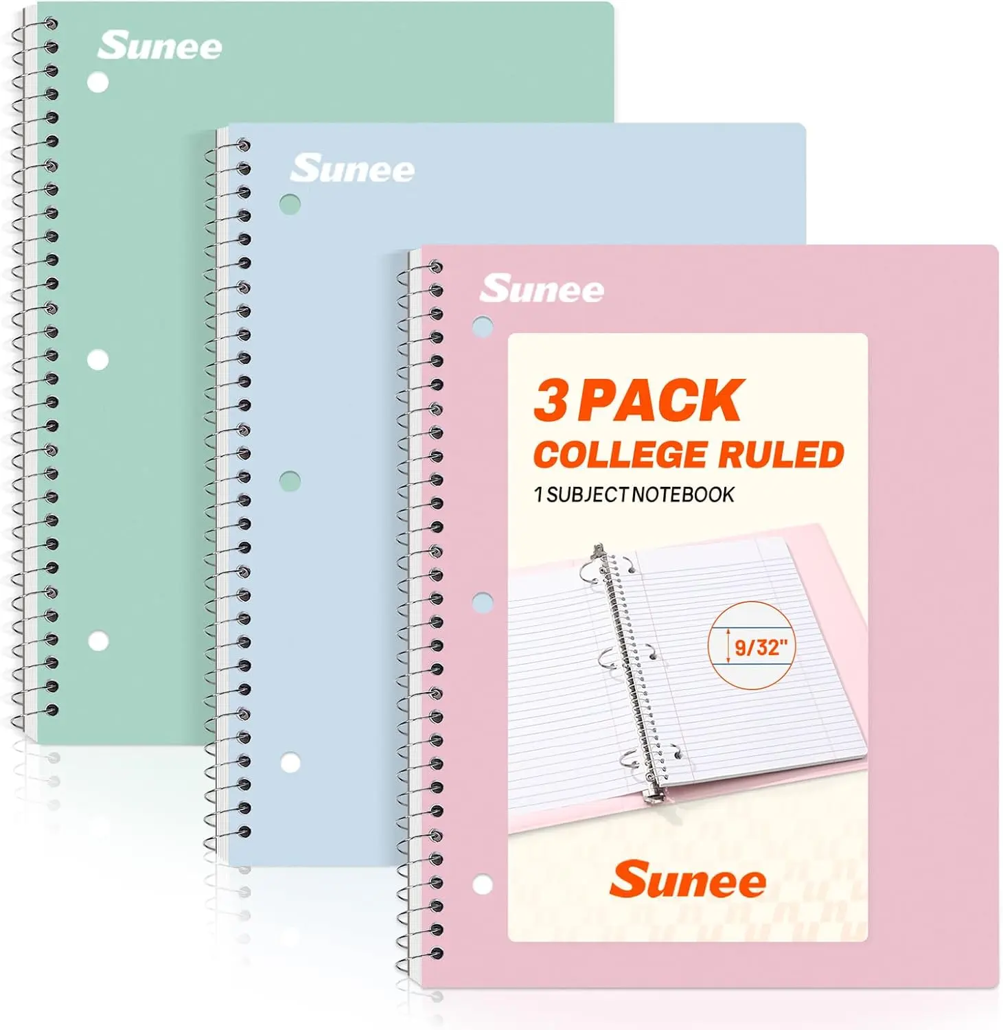 SUNEE Spiral Notebooks, 3 Pack, 1-Subject, College Ruled Paper, 8" x 10-1/2", 70 Sheets per Notebook, Assorted Pastel Colors Spiral Notebooks for School