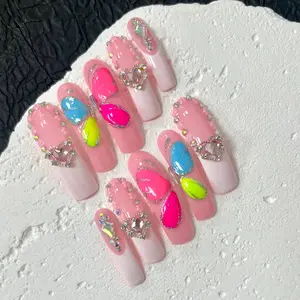 Handmade Almond Long Nail Tips, Glossy Finish, 3D Butterfly Design, French Style, Perfect for Daily Wear and Parties, Women's Gift, Handmade Nails