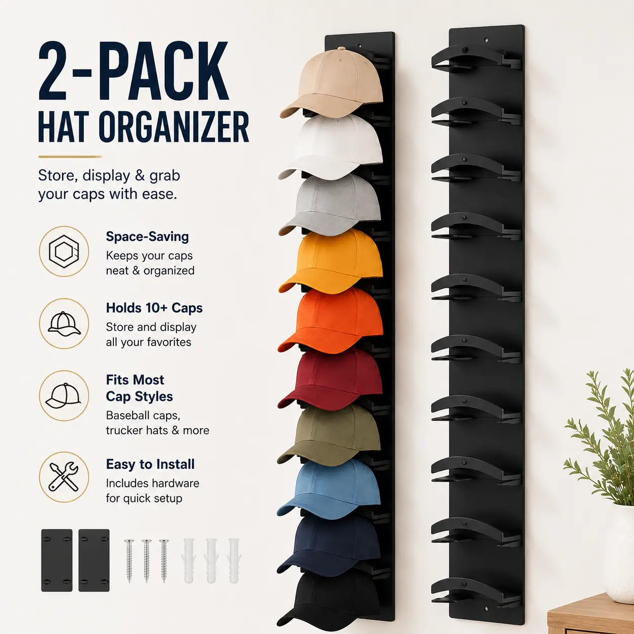 Hanging Caps Organizer (2-Pack) - Wall-Mounted Rack with Strong Adhesive, Holds Up to 20 Caps, Multilayer Storage Holder for Door Closet with 2 Mounting Options, Hat Organizer, Adhesive Wall Hooks Racks & Displays, Hanging Racks & Displays