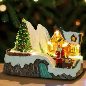 Christmas Village with Santa Deer and Rotating Christmas Tree, Lighted Musical Xmas House Decoration Indoor