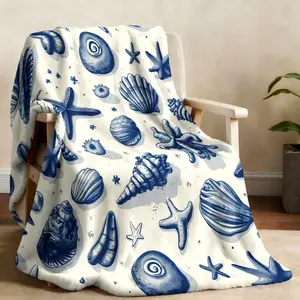1 retro blue and white ocean style shell starfish printed flannel blanket is soft and comfortable. Suitable for sofa bed camping and other occasions