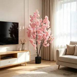Artificial Cherry Blossom Tree, Pink Silk Blossoms with Plastic Pot, Realistic Faux Indoor Tree for Home, Office, Wedding, and Party Decor – Low Maintenance, Easy Assembly