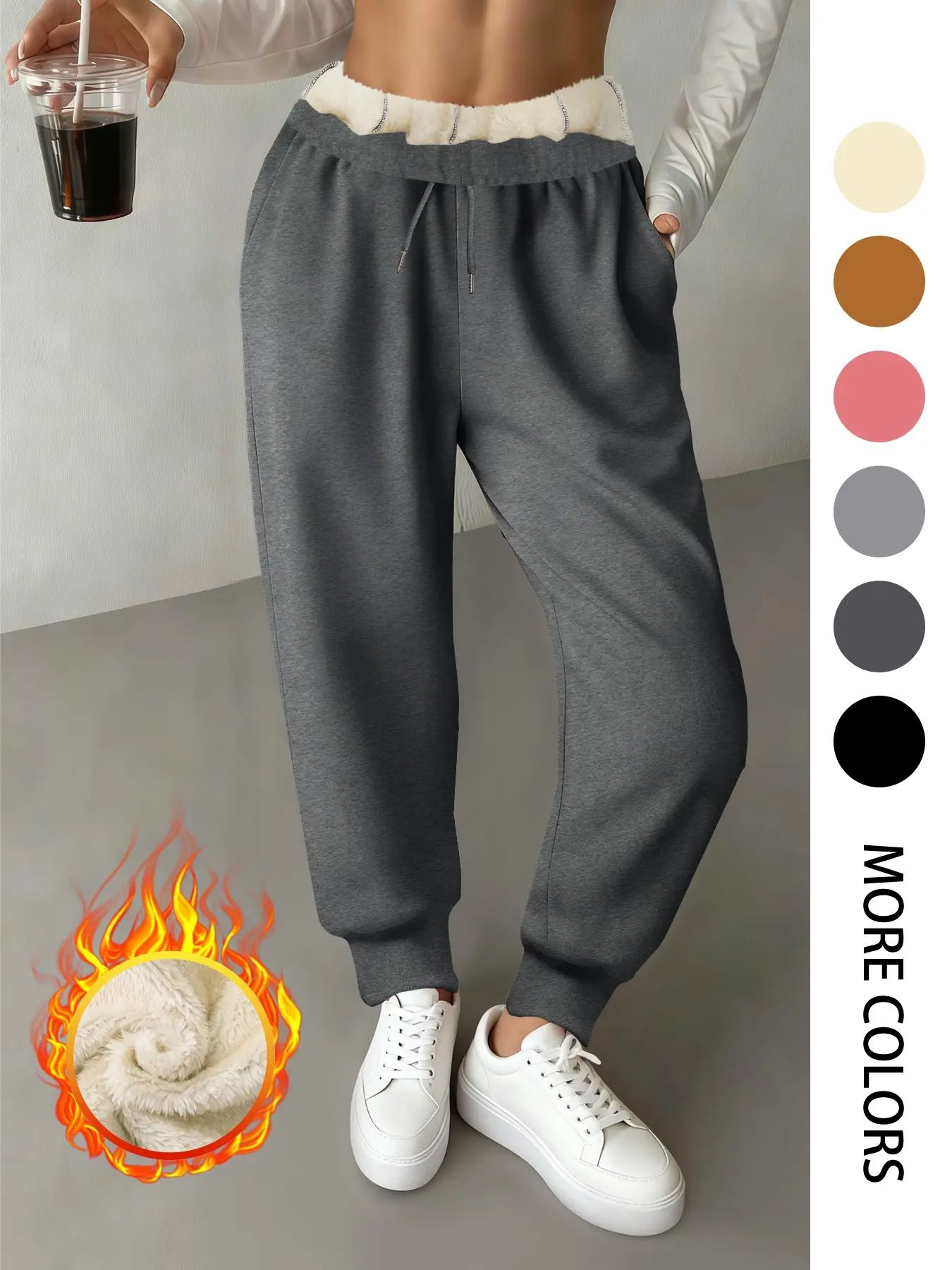Women's Fleece Lined Long Pants, Casual Adjustable Drawstring Waist Warm Winter Trousers, Plain Lamb Fur Joggers with Pockets