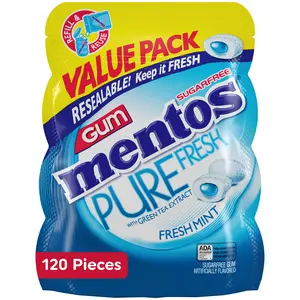 Pack of 1 Mentos Pure Fresh Sugar-Free Chewing Gum with Xylitol, Fresh Mint, 120 Piece Bulk Resealable Bag
