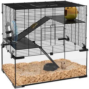 PawHut Large Hamster Cage with Deep Tempered Glass Bottom, 3 Tiers Hamster Tank with Running Wheel, Hut, Water Bottle, Dish, Rat Cage for Syrian, Dwarf, Gerbils, Mouse, 31" x 19" x 22.5", Black