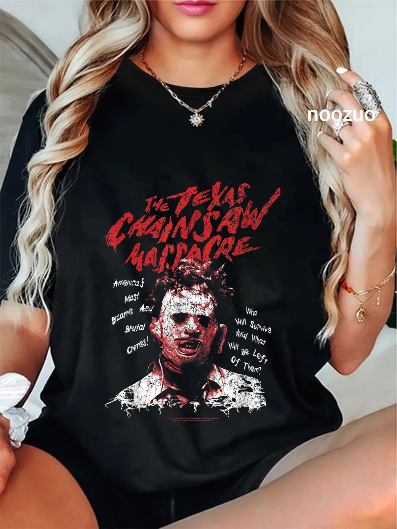 Lady Leatherface Graphic T-Shirt in 100% Cotton, Casual Short Sleeve Streetwear with Round Neck and Chainsaw Massacre Print, Shortsleeve, Everyday, Top, Tshirt, Women, Vintage
