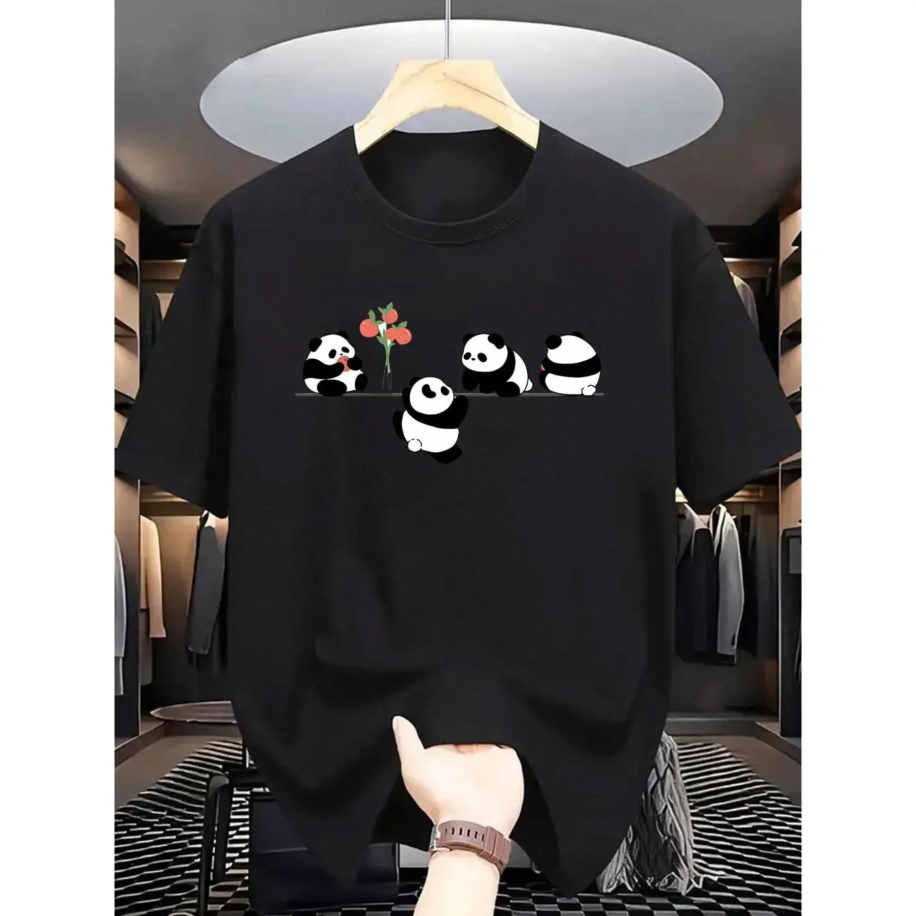 Men'S Casual Summer T-Shirt With Cute Panda &amp;   Flower Design - Soft Fabric. Round Neck. Short Sleeve. Perfect For Adults. Everyday Tshirt  Playful Print Top  Comfortable  graphic tees men crop tops summer outfits for men summer tops T-Shirt