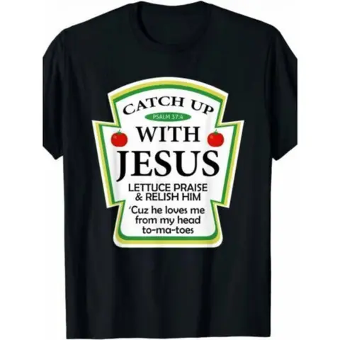 [100% Cotton] graphic tees Catch Jesus" Ketchup Fun Christian Gift Creative T-shirt