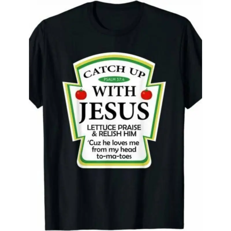 [100% Cotton] graphic tees Catch Jesus" Ketchup Fun Christian Gift Creative T-shirt