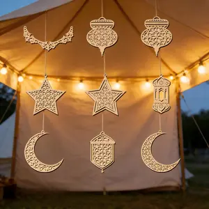 9-PCS Ramadan Wooden Pendant Ornaments – Hollow Moon & Star Wind Light Shape Decor, Happy Eid Hanging Signs for Eid Party & Everyday Home Decoration