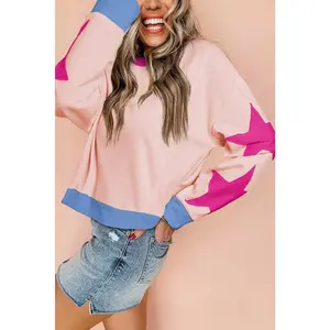Light Pink Star Patchwork Exposed Seam Oversized Sweatshirt Womenswear Aesthetic Essential Hoodie